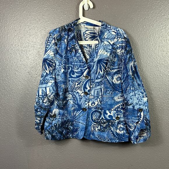 Chico's Paisley Linen Blend Jacket Size 2 Blue Button Collared Long Sleeve New - Picture 1 of 6